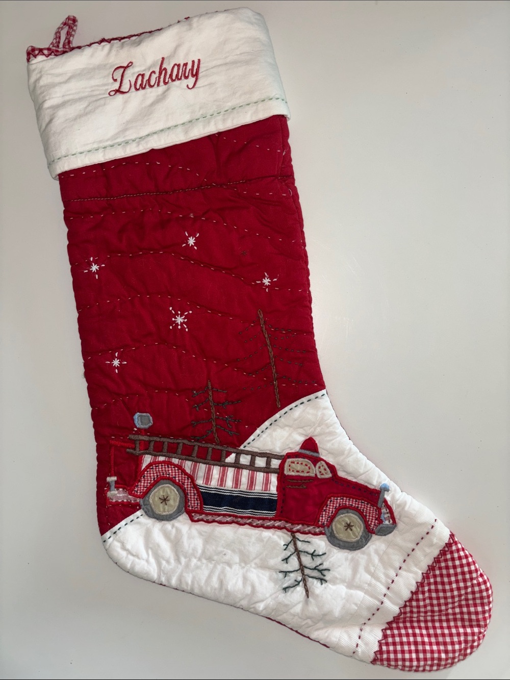 Pottery Barn “Zachary” Red and White Quilted Fire Truck Christmas Stocking